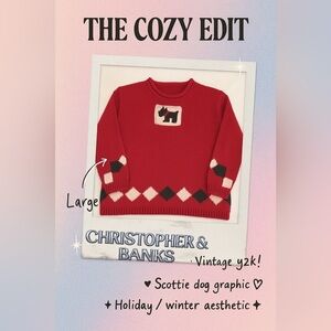 Christopher & Banks Scottie Dog Sweater Vintage Red Argyle Knit Preppy - Large
